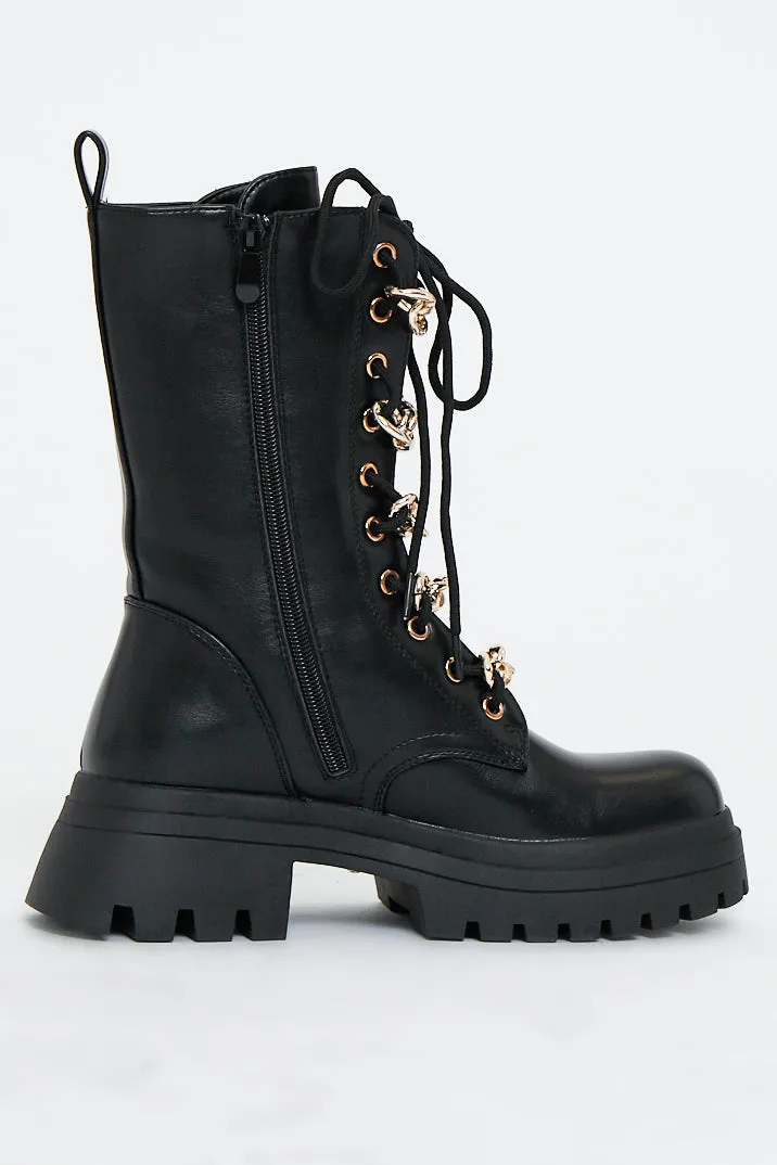 Black Chain Detail Faux Leather Boots - Niska