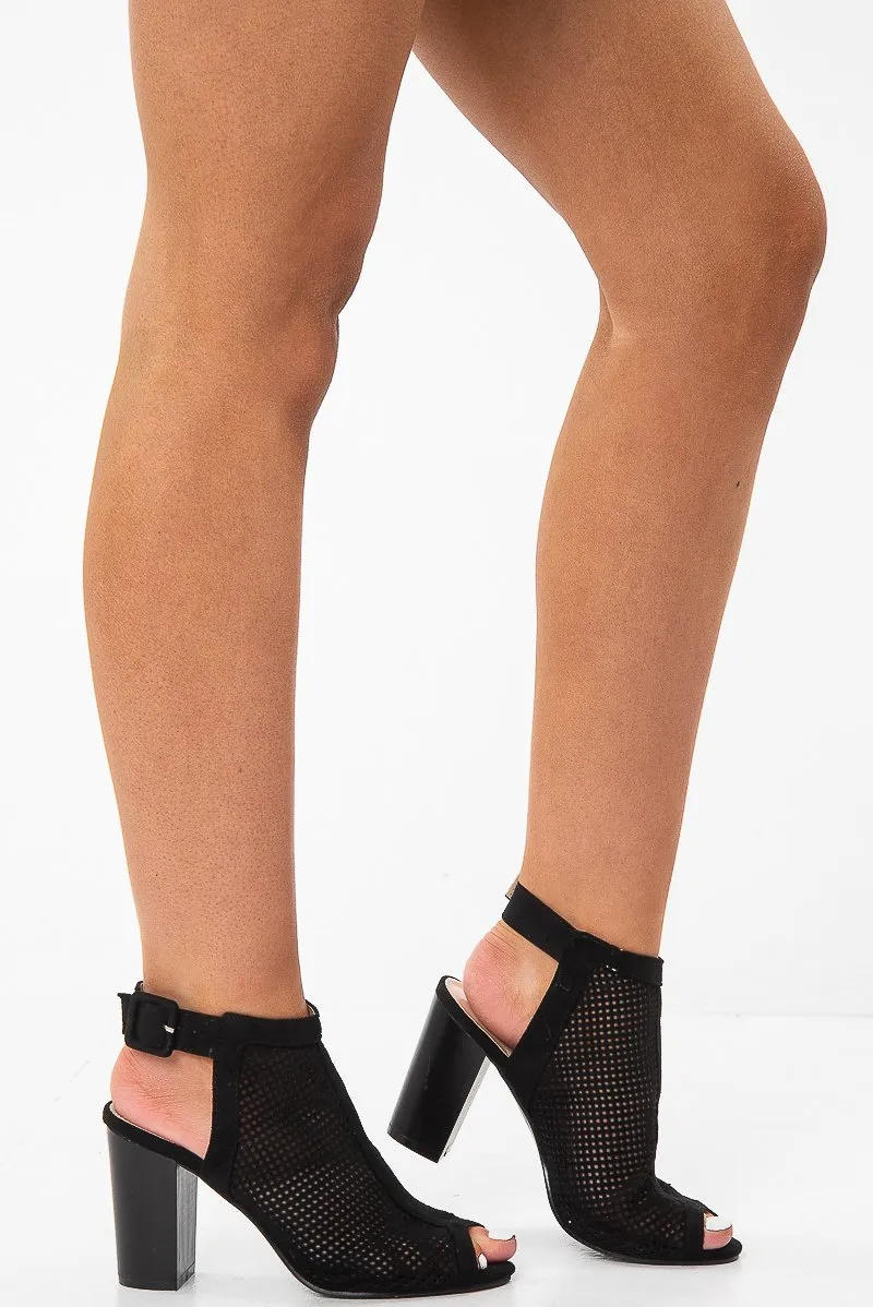 Black Faux Suede Cage Front Block Heels - Shannon