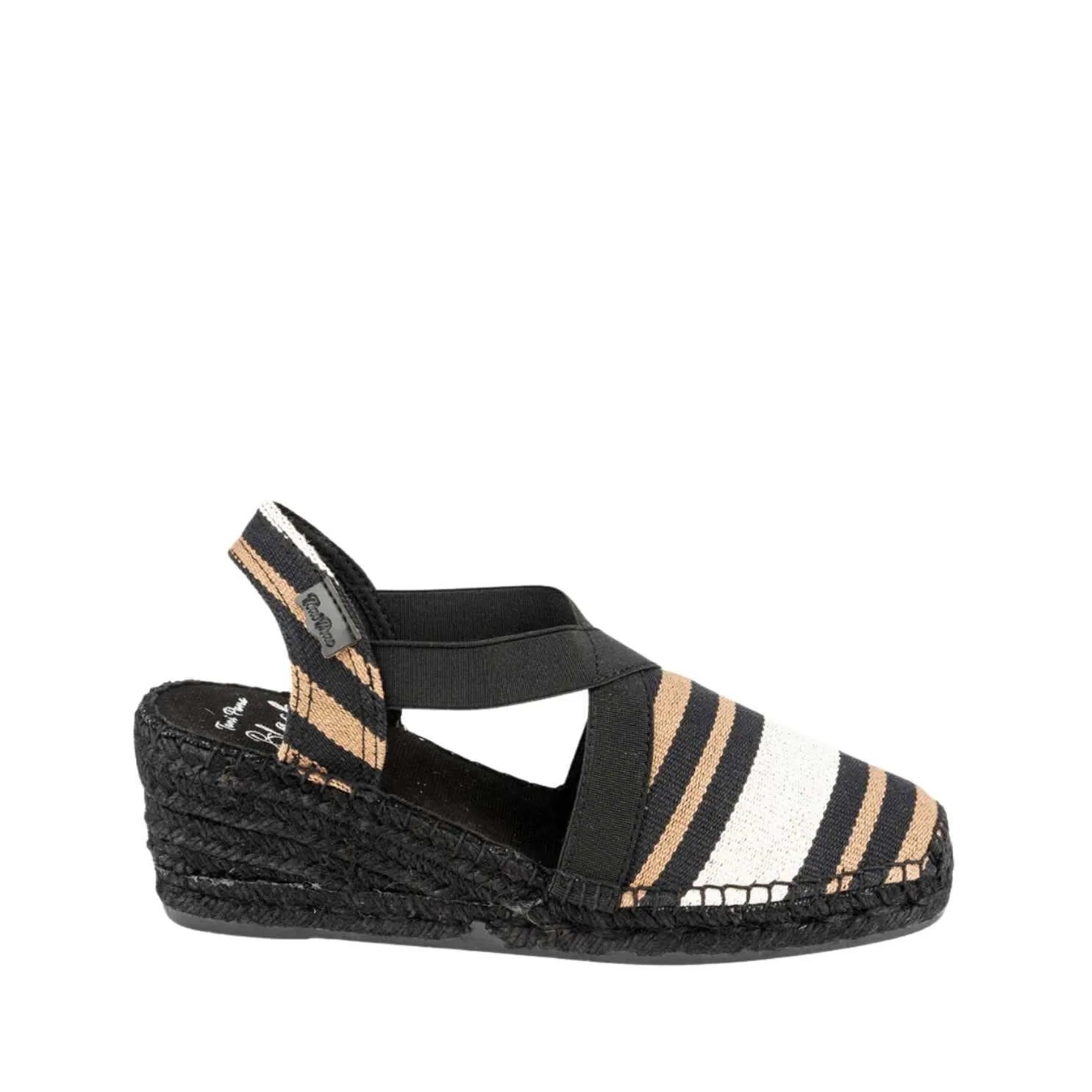 Black Striped Cotton Blend Wedge Espadrille for Women - Tarbes-BK