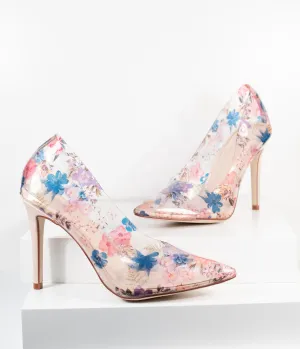 Clear Floral Vinyl High Heel Pumps