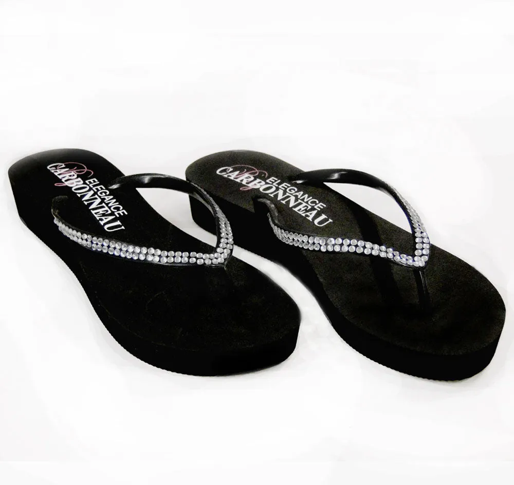 Crystal Low Wedge Bridal Flip Flops - Black