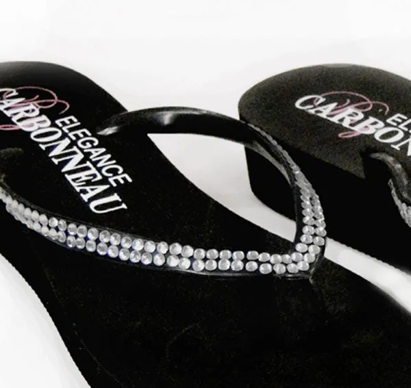 Crystal Low Wedge Bridal Flip Flops - Black