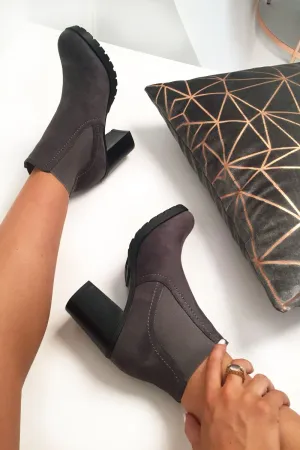 Grey Faux Suede Heeled Ankle Boots - Kiara