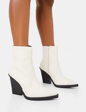 Jessie White Pu Western Black Contrast Sole Block Heeled Ankle Boots