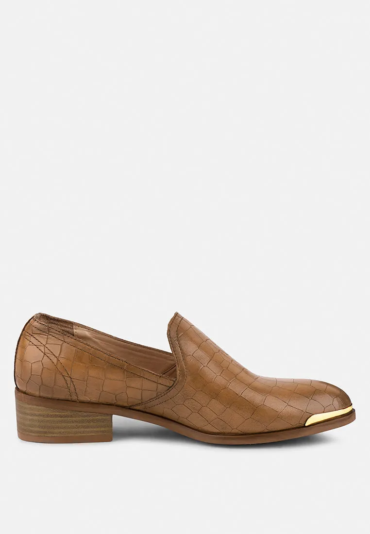 LILLIAM Tan Metal Highlight Casual Leather Loafers