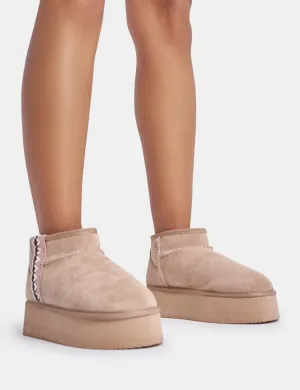 Snowfall Light Beige Faux Suede Aztec Trim Mini Ankle Platform Boots